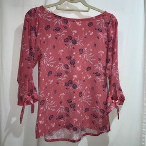Loft blouse Sz XSP floral scoop neck tie cuff sleeves